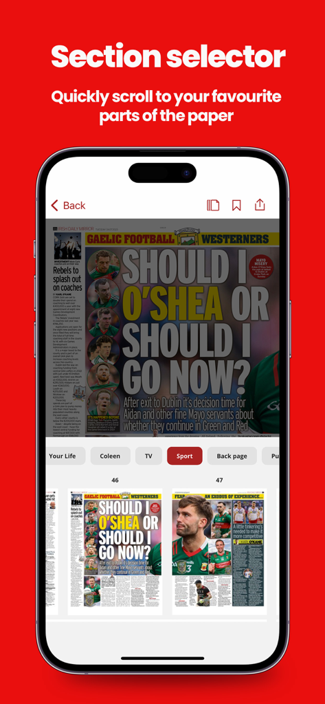 Un smartphone affichant la fonction de sélection de section de l'application Irish Mirror, axée sur la catégorie sportive.