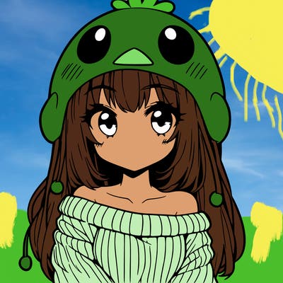anime girl with chick shaped hat with sweater with bare shoulders with bangs covering them one eye with low tail
