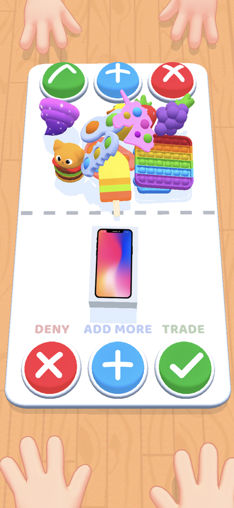 A 3D gameplay screen of Fidget Toys Trading showing a digital trade between various colorful toys and a smartphone.
