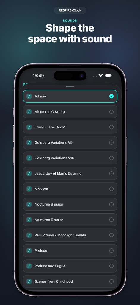 A list of classical music tracks and ambient sounds in the RESPIRE-Clock focus app