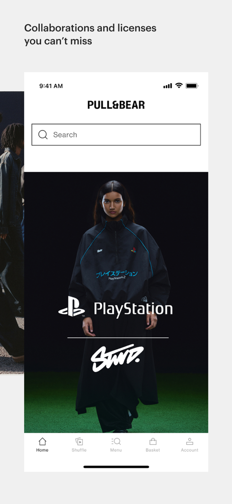 Ecrã inicial da aplicação PULL&BEAR com uma colaboração de streetwear com a PlayStation