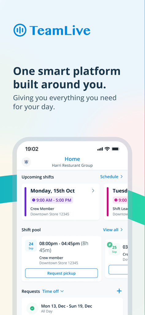 Mobile dashboard of TeamLive app showing upcoming shifts and shift pickup options for restaurant workers
