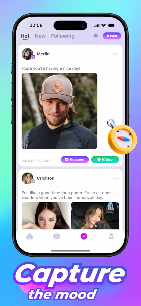 Mobile app interface of Kasu social feed showing user photo posts and options for message and video chat