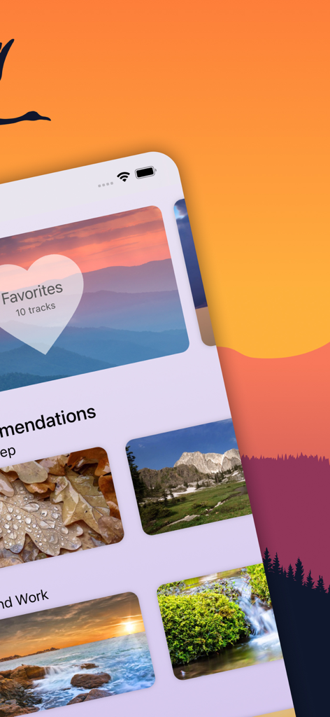 Interfaz de la aplicación Pure Nature mostrando una sección de favoritos y categorías de naturaleza recomendadas con fotografía escénica del exterior.