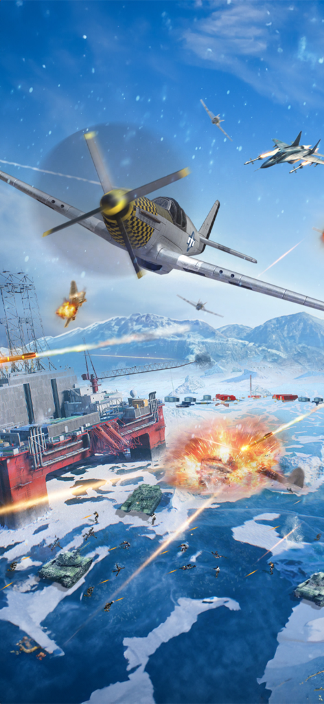 Sky Defense: War Duty - High intensity air and ground combat battle featuring planes tanks and explosions in a snowy environment