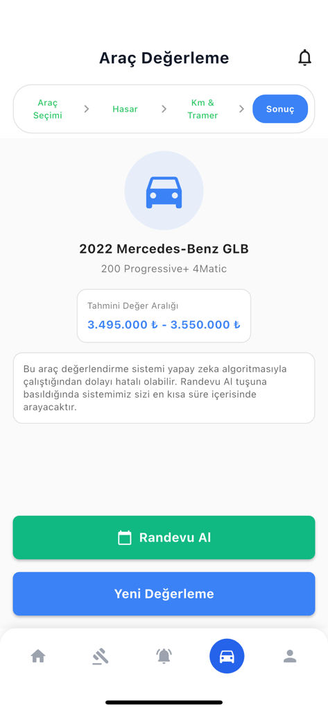 Mobile app screen showing a used car valuation result for a Mercedes-Benz with estimated price range