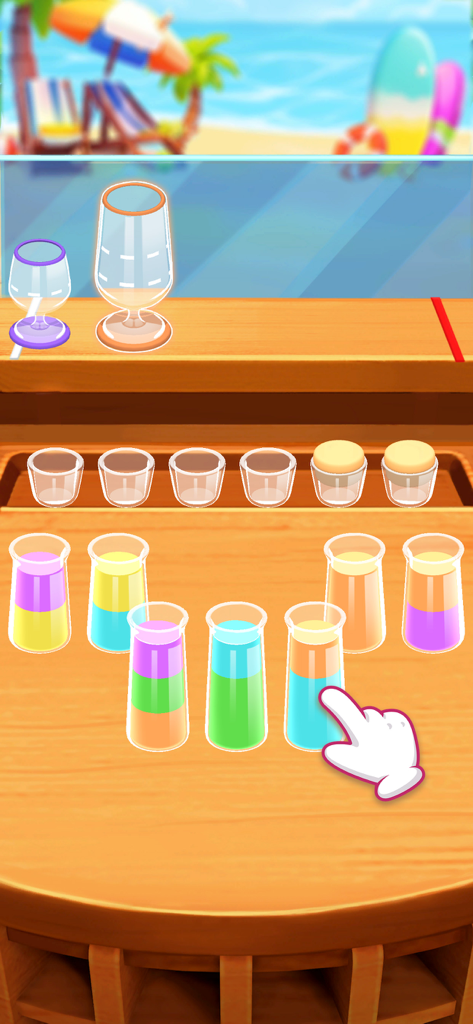 Juice Craft - Water Jam Master - Un jugador clasifica jugos coloridos en capas en copas de vidrio en un bar de playa en el juego de puzzle Juice Craft