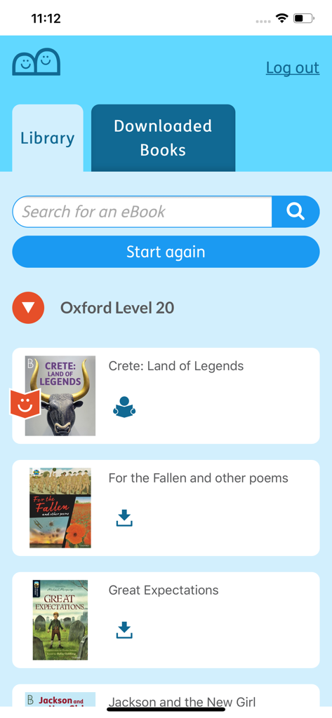 Reading Buddy - Reading Buddy app interface showing a library of downloaded ebooks for Oxford Level 20 including Great Expectations