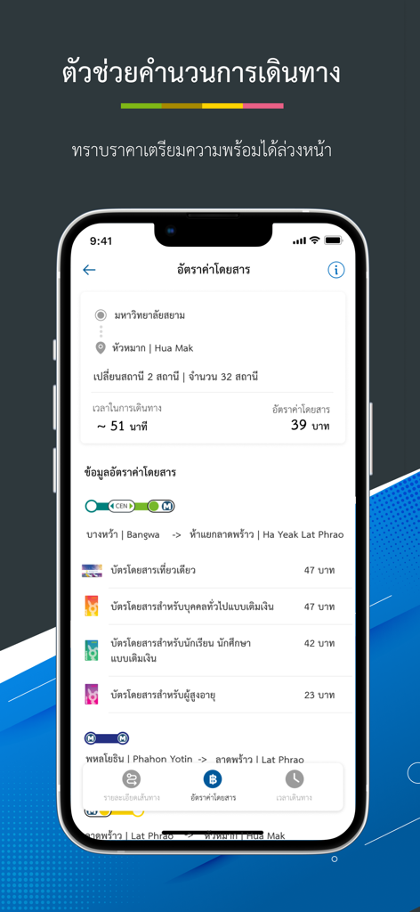 Fare calculation screen in THE SKYTRAINs app displaying ticket prices and travel time for Bangkok transit.