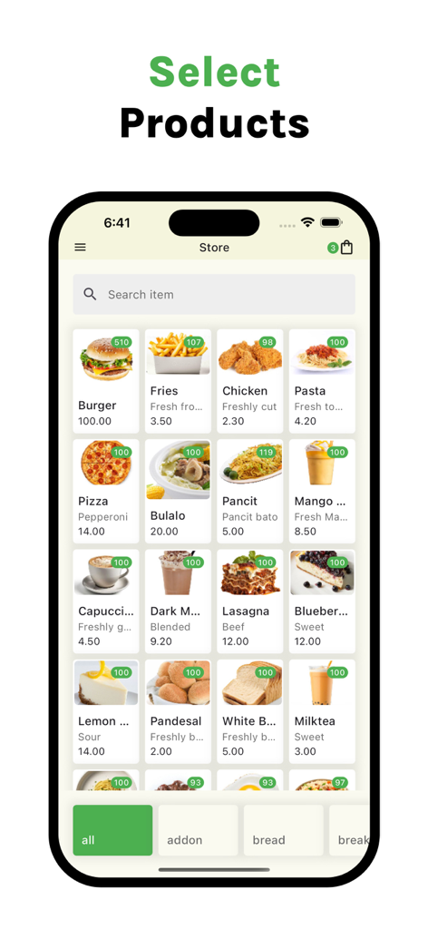 VendPOS - Interface do aplicativo VendPOS exibindo uma grade de itens alimentícios com preços e contagens de estoque para facilitar a seleção de produtos durante o checkout.