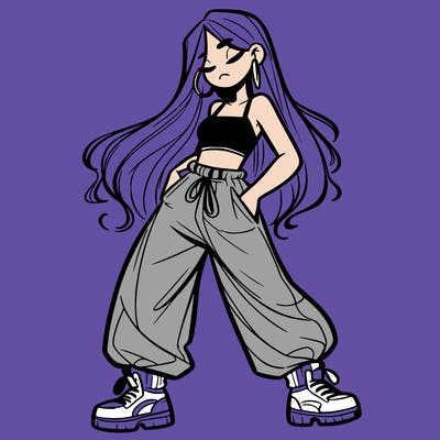 girl in baggy pants crop top and long hair