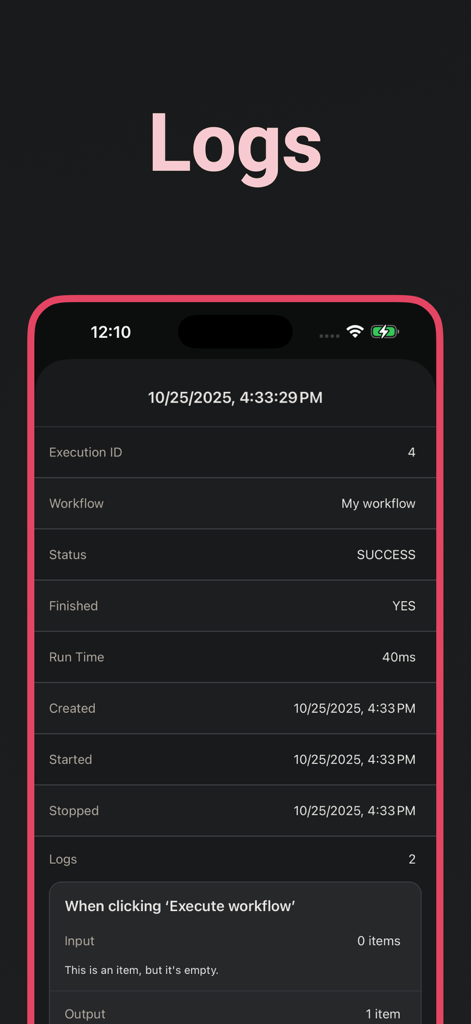 A screenshot of the Nathan app showing execution logs for a successful n8n workflow.