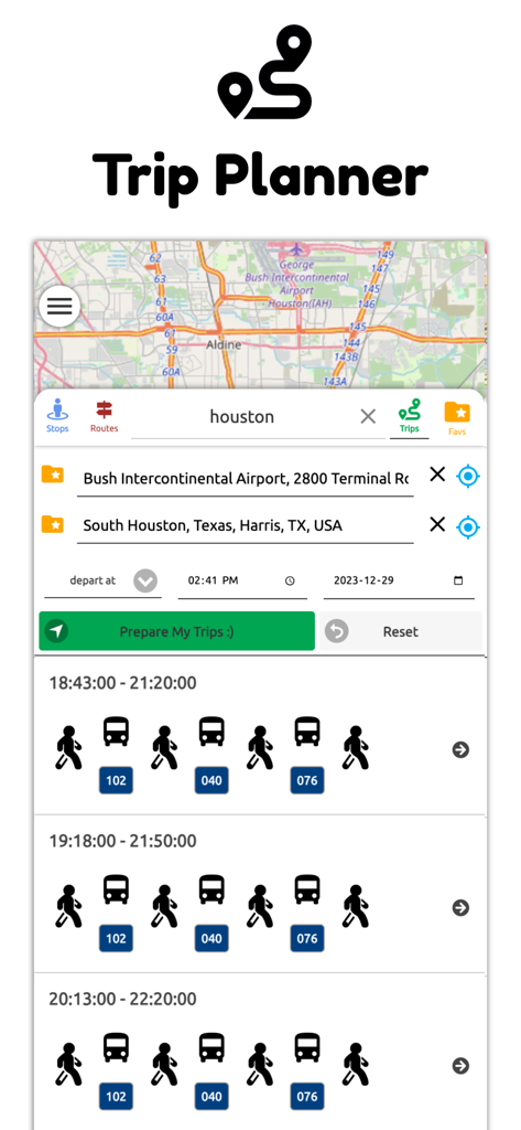 Houston Transit Metro - Houston Transit Metro app trip planner showing bus routes and arrival times