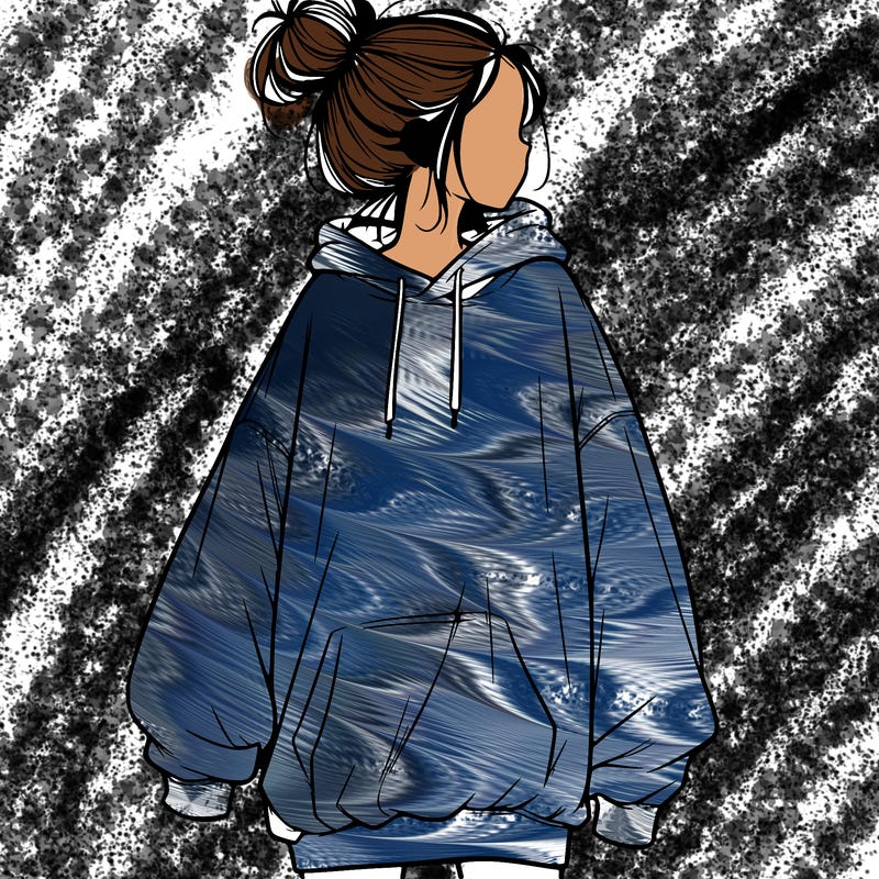 realistic girl with a oversized sweatshirt on and a bun