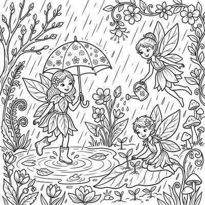 Step into a magical world with our Spring Fairies Rainy Day coloring page! Discover adorable fairies splashing in puddles and nurturing new growth, perfect for a cozy creative session.