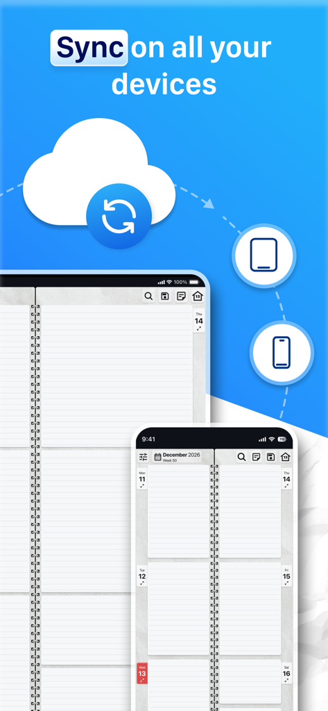 Paper Planner app showing seamless cloud synchronization between iPad and iPhone