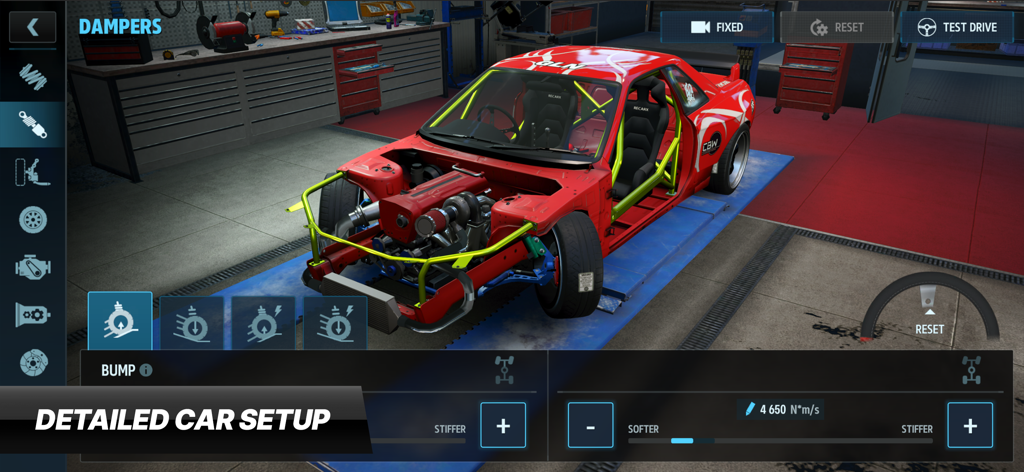 CarX Drift Racing 3 - A screenshot of the dampers customization menu in CarX Drift Racing 3 featuring a red drift car in a garage.