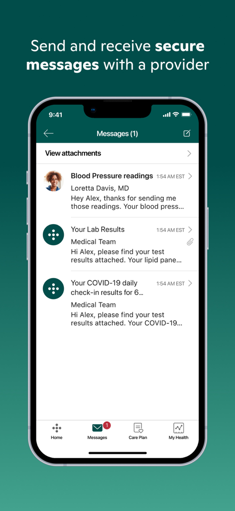 One Medical - Screenshot of the One Medical app showing a secure message inbox with communications from doctors and medical teams regarding lab results and blood pressure.