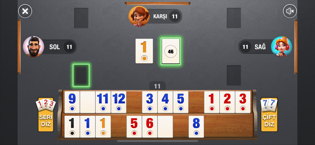 Okey Star - İnternetsiz Okey - Interfaccia di gioco di Okey Star che mostra il rack delle tessere e gli avversari IA su un tavolo digitale