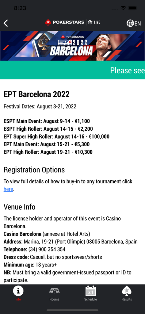 PokerStars Live - Turnierdaten und Veranstaltungsortinformationen für die EPT Barcelona 2022 in der mobilen PokerStars Live-App