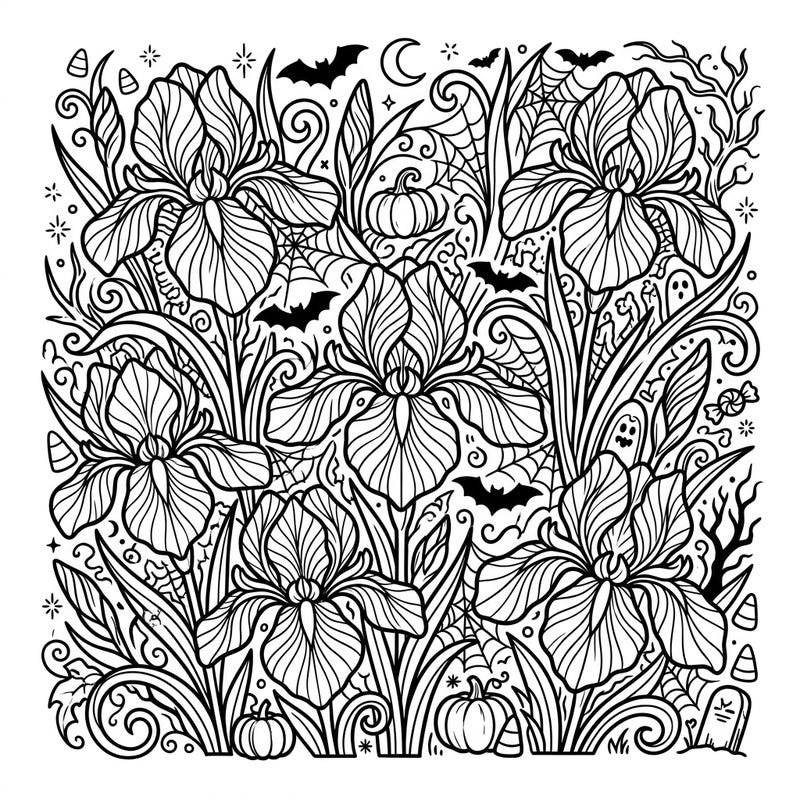 Embrace the eerie beauty of Halloween with this captivating coloring page, where elegant Japanese Irises intertwine with classic spooky elements. Perfect for adding a touch of floral charm to your seasonal coloring collection.
