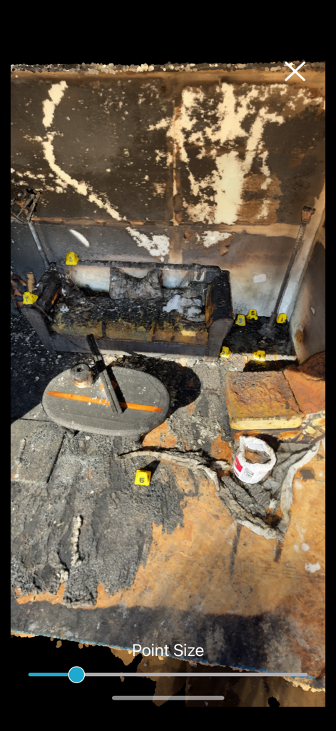 3D LiDAR scan of a fire scene with forensic evidence markers in Recon-3D