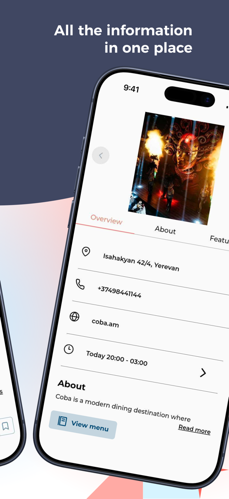 Mobile screen of RezX app showing restaurant location, contact details, and opening hours in Yerevan