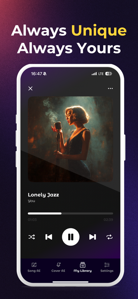 Sing AI: Cover Songs & Music - A music player interface in the Sing AI app playing a custom track named Lonely Jazz.