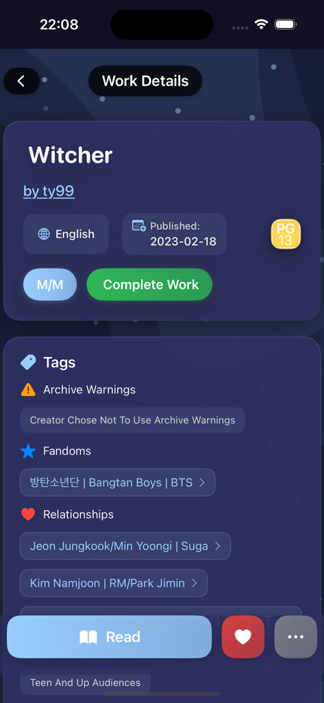 FFS: Unofficial AO3 Reader app - Work details screen in the FFS AO3 Reader app showing story metadata tags and a read button