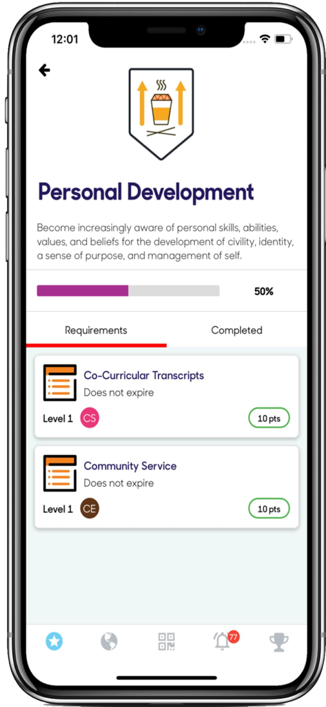 Suitable app interface showing personal development progress and co-curricular requirements for college students