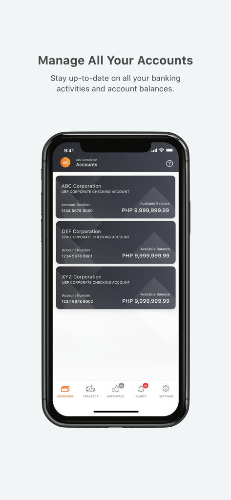 Exibição de smartphone do aplicativo UnionBank O Portal gerenciando várias contas bancárias corporativas