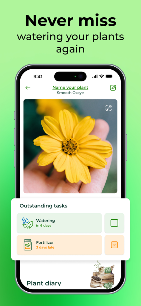 PlantSnap Mobile App-Oberfläche, die einen Pflanzenpflegeplan mit Bewässerungs- und Düngeaufgaben anzeigt.