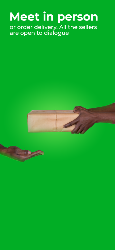 Two people exchanging a parcel on a green background with text about meeting in person or ordering delivery