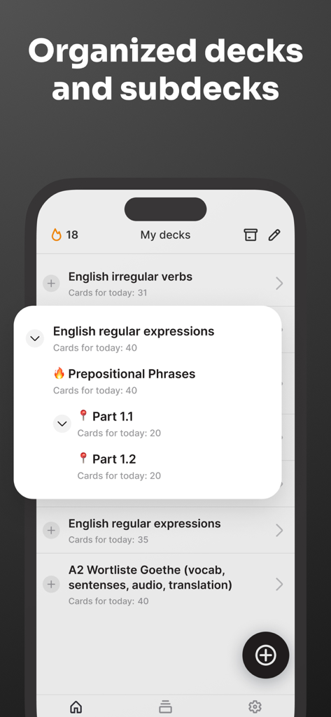Noji app interface showing organized flashcard decks and subdecks for efficient studying