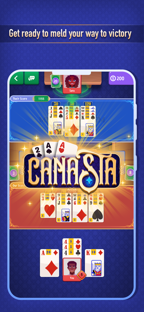 Canasta! - Gameplay of the Canasta online card game mobile app showing card melds and player avatars