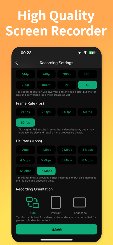 Screen Capture・Game Recorder - Interface showing settings for 4K resolution 60 FPS and bit rate in the screen recorder app