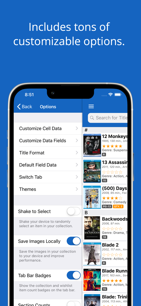 iCollect Movies: DVD Tracker - Interfaz de la aplicación iCollect Películas que muestra el menú de configuración para personalización junto a una lista detallada de una colección de películas.