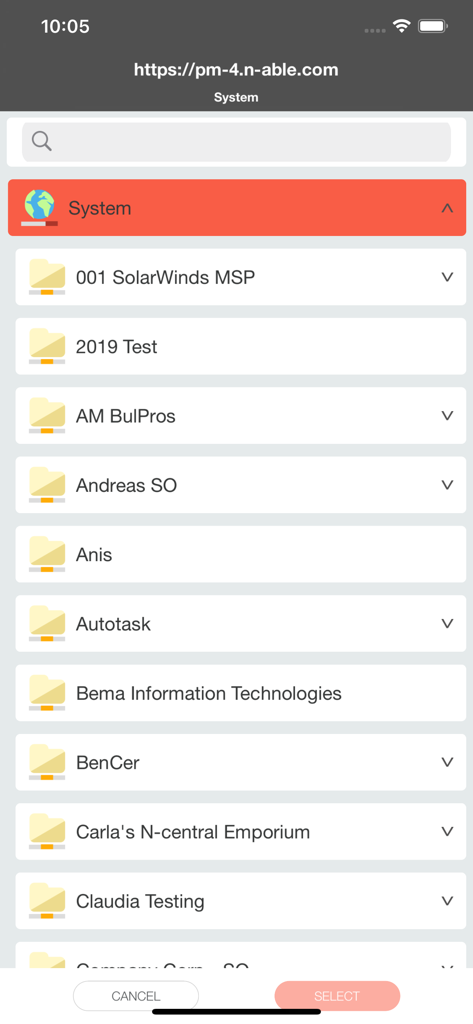 N-central Mobile app screen showing a list of managed customer systems and folders