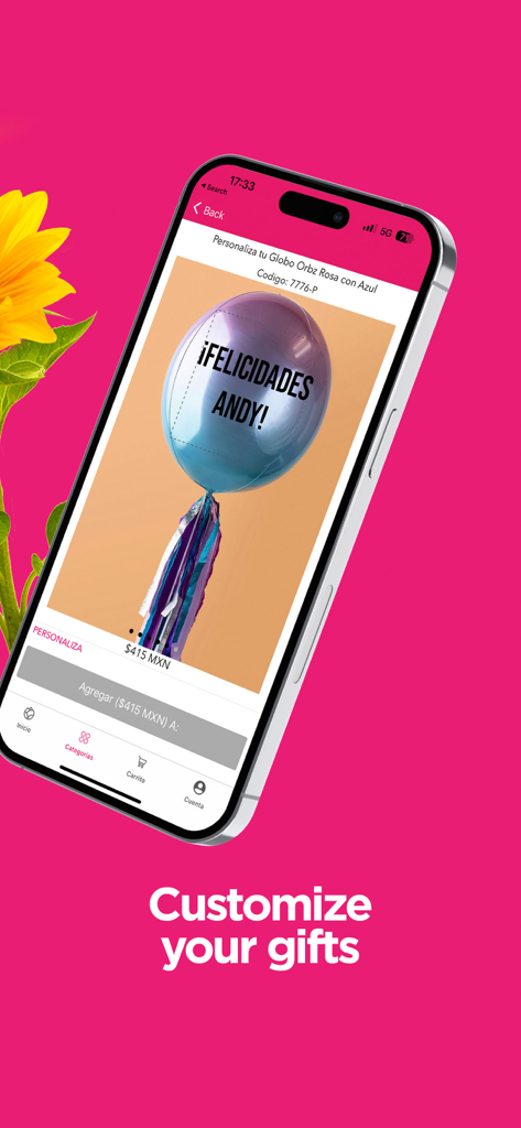 Pantalla de smartphone de la aplicación Enviaflores que muestra cómo personalizar un regalo de globo con un mensaje personalizado.