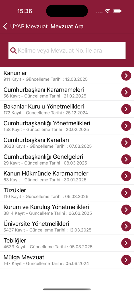 UYAP Mevzuat - UYAP Mevzuatモバイルアプリ。トルコの法律カテゴリのリストと検索バーを表示