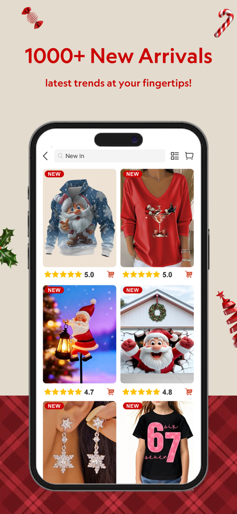 Pantalla de la aplicación móvil LightInTheBox que muestra la nueva moda temática navideña y decoraciones para el hogar festivas.