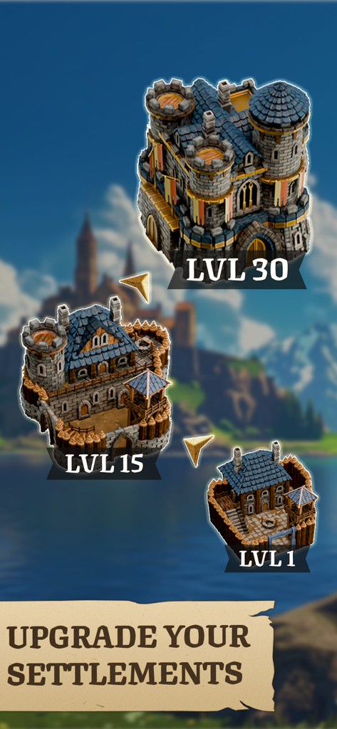 Une progression visuelle montrant la mise à niveau d'un village médiéval d'une simple maison en bois de niveau 1 à un grand château en pierre de niveau 30.