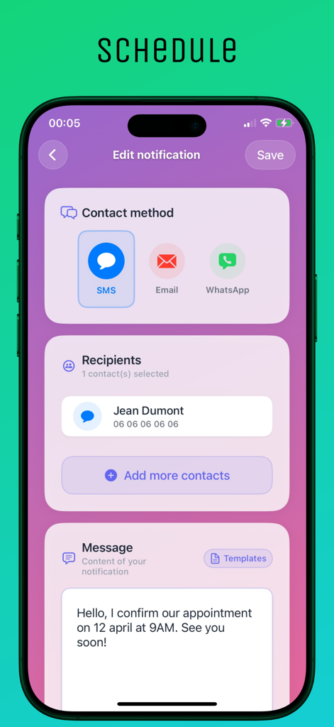 Interfaz de la aplicación móvil TextLater que muestra opciones para programar un mensaje SMS, correo electrónico o WhatsApp a un destinatario.