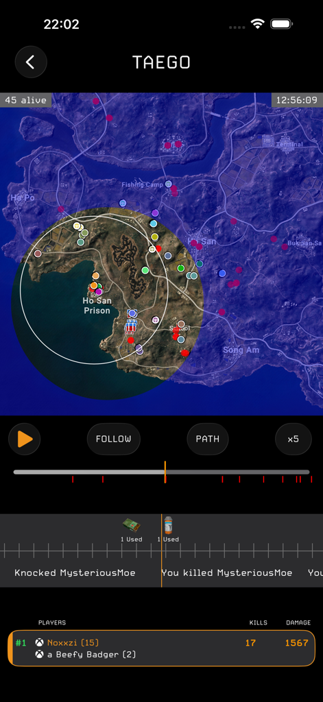 2D match replay map showing player movements and kills in Stats Tracker for PUBG