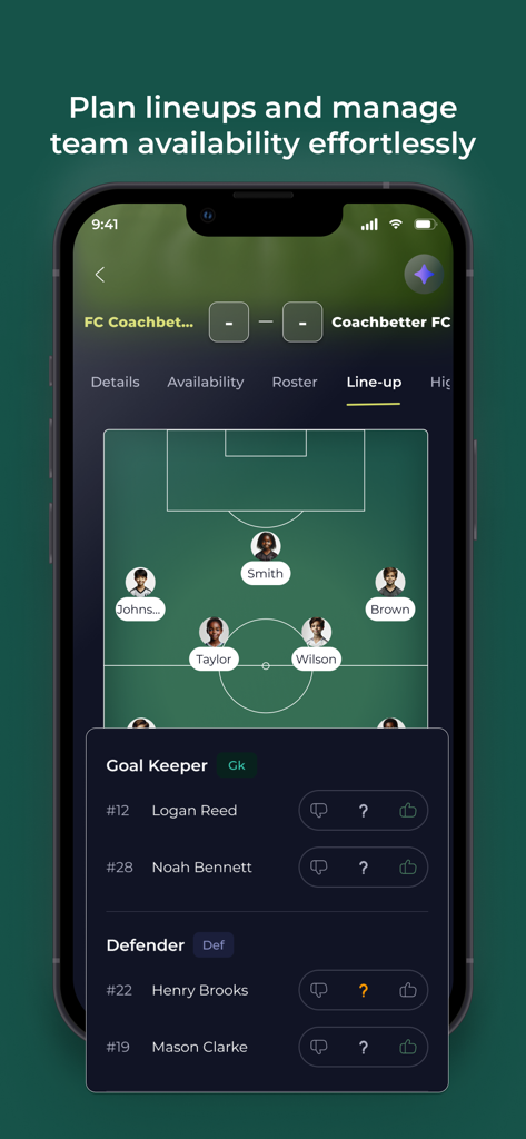 coachbetter - Mobile app interface showing a soccer lineup on a tactical field and player availability list