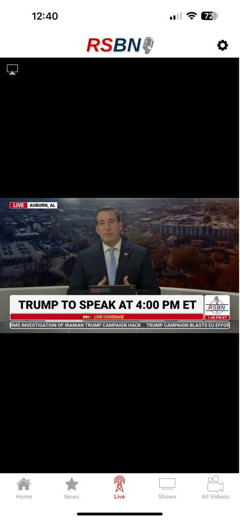 RSBN - RSBN mobile app live screen showing a news anchor reporting on an upcoming campaign speech