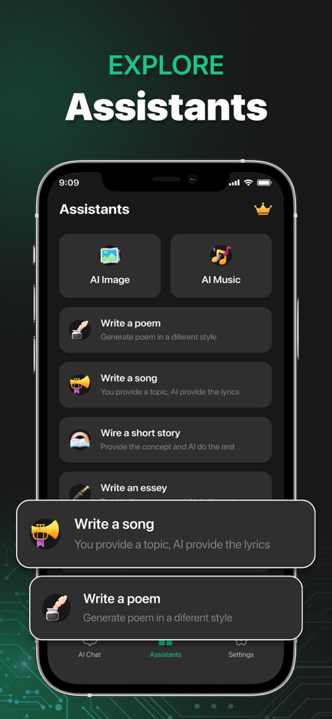 Chat AI Chatbot Assistant - Explore Assistants screen in the Chat AI app showing options for AI writing and creative tasks