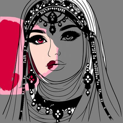 realistic woman with a veil covering her hair and mouth, muslim. the veil contains details with jewels. she has beautiful jewelry.