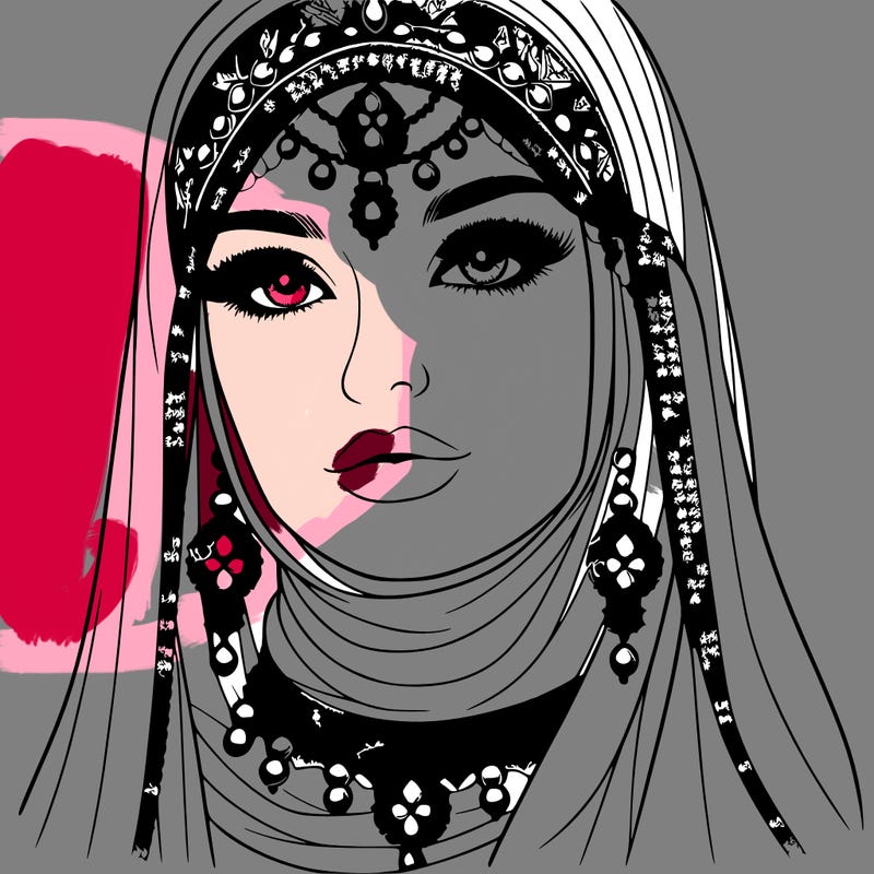 realistic woman with a veil covering her hair and mouth, muslim. the veil contains details with jewels. she has beautiful jewelry.