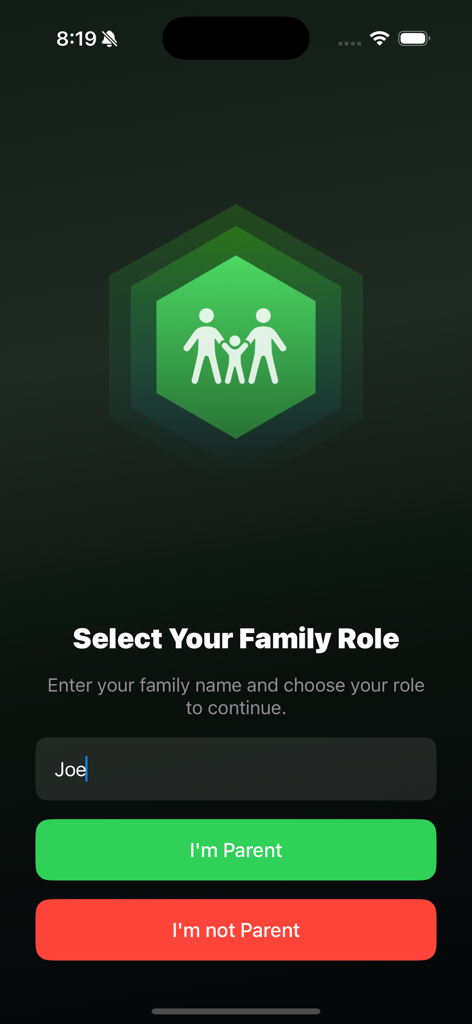 Oberfläche zur Auswahl der Familienrolle als Elternteil oder Kind in der WaLooker-App